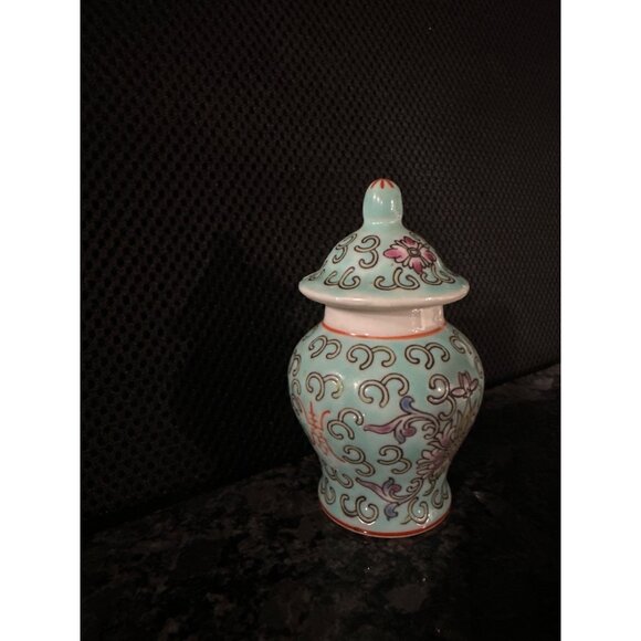 Small Decorative Porcelain Jar With Lid & Floral Motif - Mint Green Pink & White - Picture 4 of 8